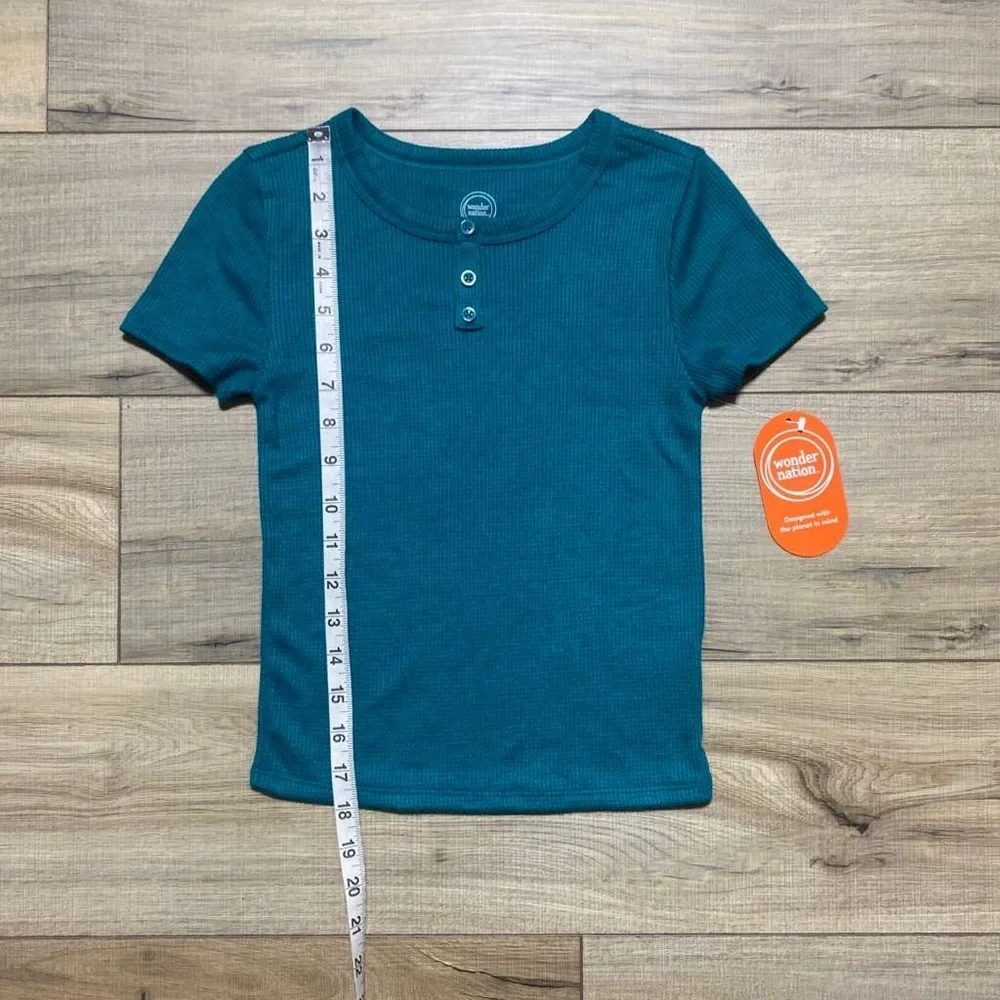 Wonder Nation Girls Short Sleeve Waffle‎ Henley Tee Size M (7-8) Teal Green